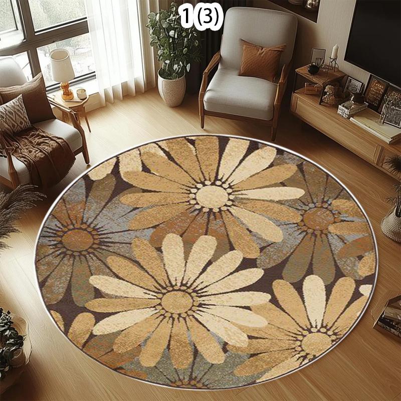 Modern Home Decor Abstract Floral Round Rug Vintage Flower Pattern Carpet Soft Non-Slip Floor Mat for Living Room Bedroom
