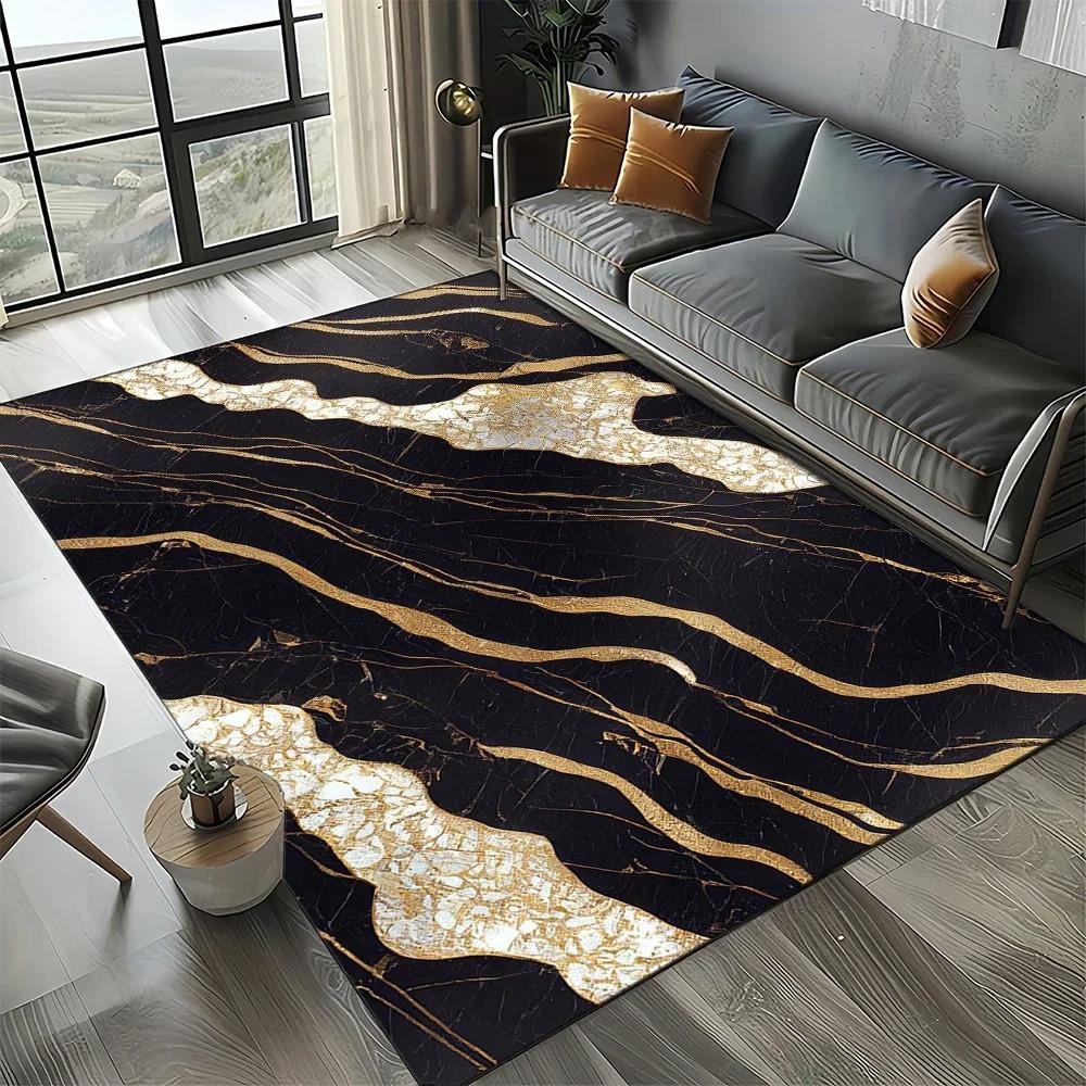 Modern Art Fashion Marble Black White Gold Stone Carpet Rug for Living Room Bedroom Home Sofa Decoration,Non-slip Floor Mat