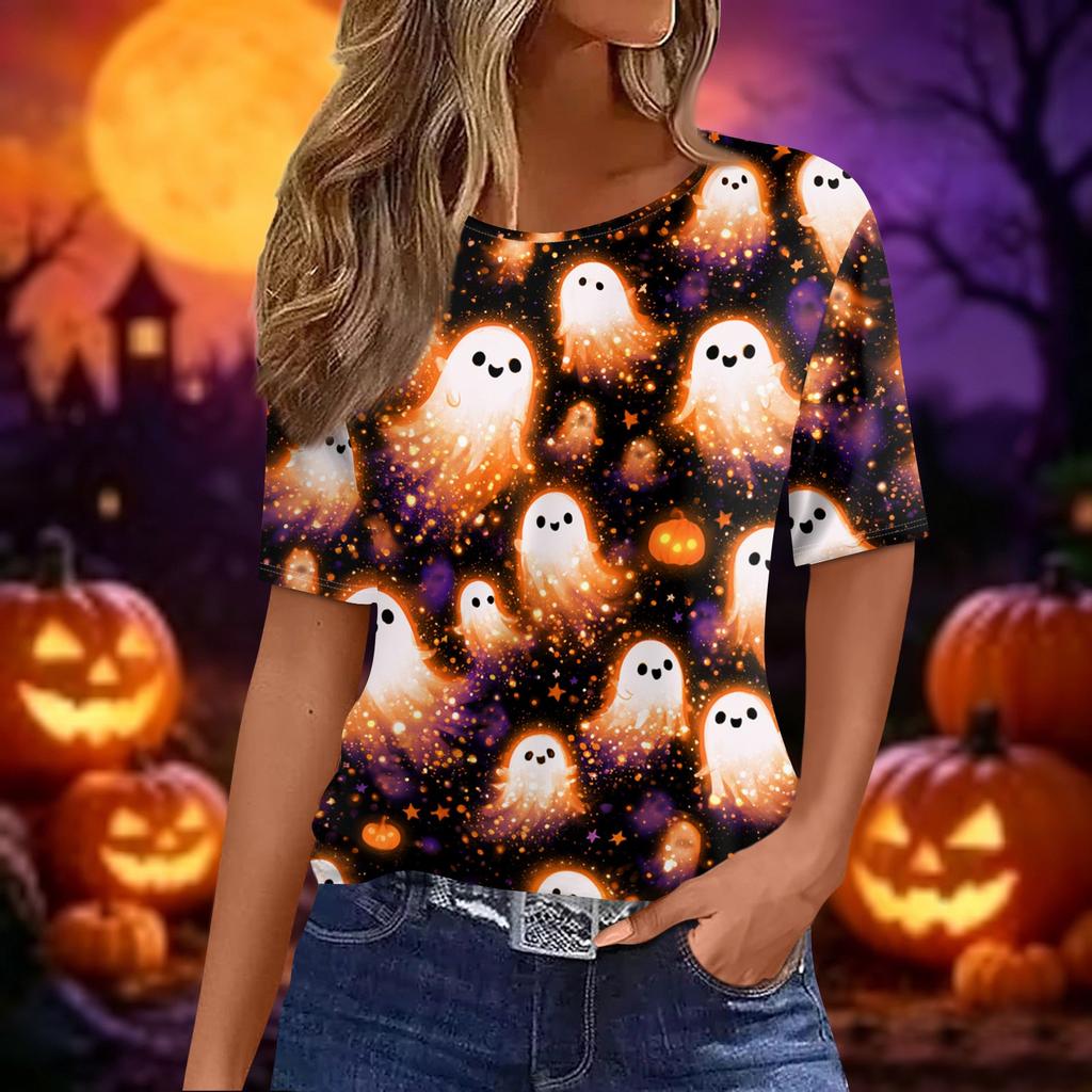 Women's Casual Short Sleeve Crewneck T-Shirt with Halloween and Pumpkin Print for Fall Parties