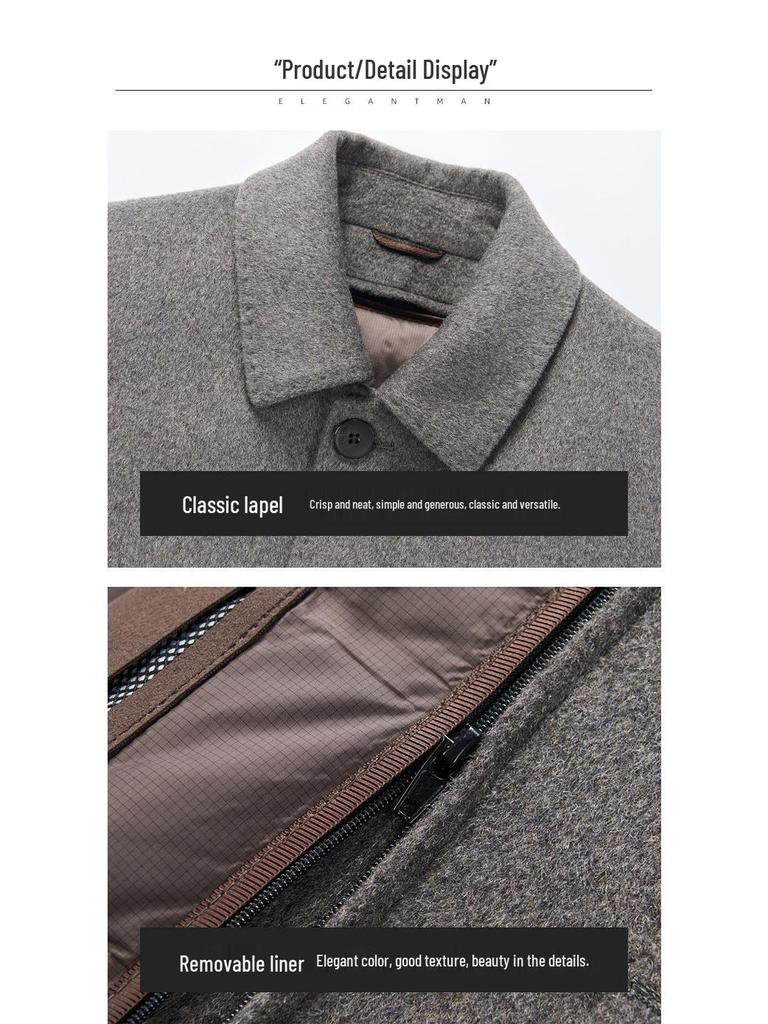 Men's Winter Woolen Overcoat with Detachable Down Liner, Double-Faced Wool, Regular Lapel for Middle-Aged Men.