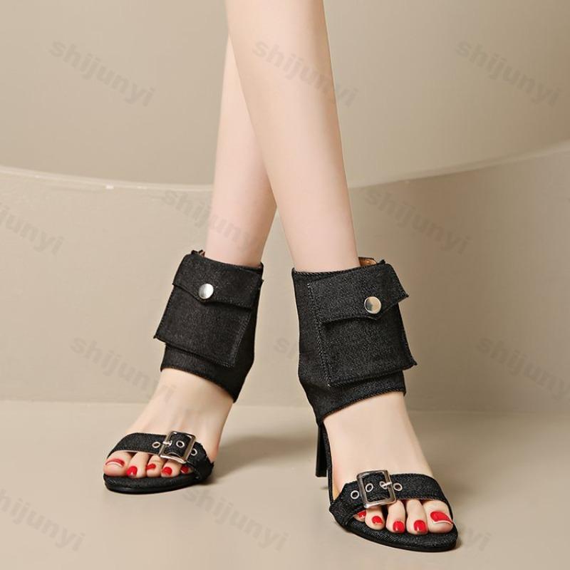 Fashion Summer Pointed Toe Open Toe Stiletto Cooling Boots Fashion Metal Belt Buckle Side Zipper Non-Slip Wear-Resistant High Heels