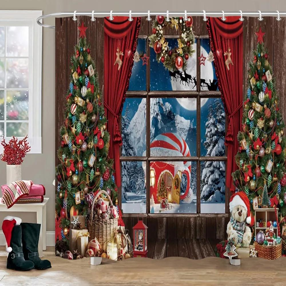Weihnachtsparty Duschvorhänge Kamin Weihnachtsbaum und Geschenke Schneemann Schneeszene Waschbarer Duschvorhang Kunst Badezimmer Dec