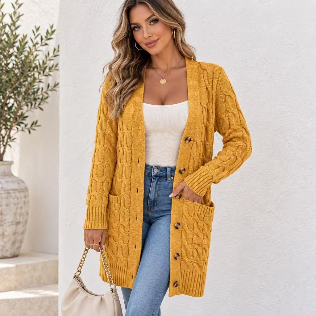 Cardigan lavorato a trecce da donna con scollo a V, chiusura a bottoni, maniche lunghe, lunghezza media con tasche
