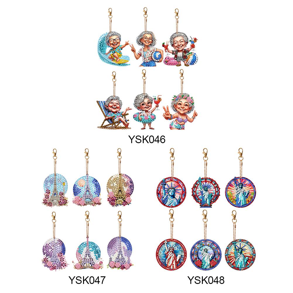 6Pcs DIY Diamond Painting Keychain Double-Sided Diamond Keychains Crystal Rhinestone Diamond Mosaic Key Chain for Beginners