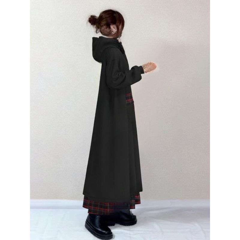 Japanese Style New Fall Women's Clothing Long Sleeves Hooded Plaid Stitching Fake Two-Piece Loose Slimming Long Sweater Dress