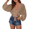 Women's Beige Sheer Puff Sleeve Tie Front Crop Top Deep V Neck Beach Cover Up Blouse