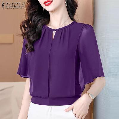 Blusa Solta de Verão Feminina com Chiffon e Manga 3/4