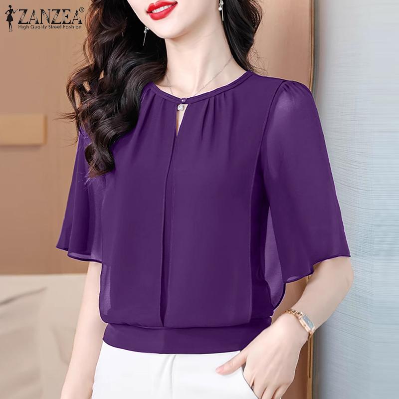ZANZEA Women Summer Chiffon Splice Half Sleeve Loose Summer Blouse