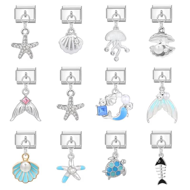 Fashion Starfish Sea Shell Whale Jellyfish Blue Italian Charm Links Fit 9mm Stainless Steel Bracelet Women Jewelry DIY Making