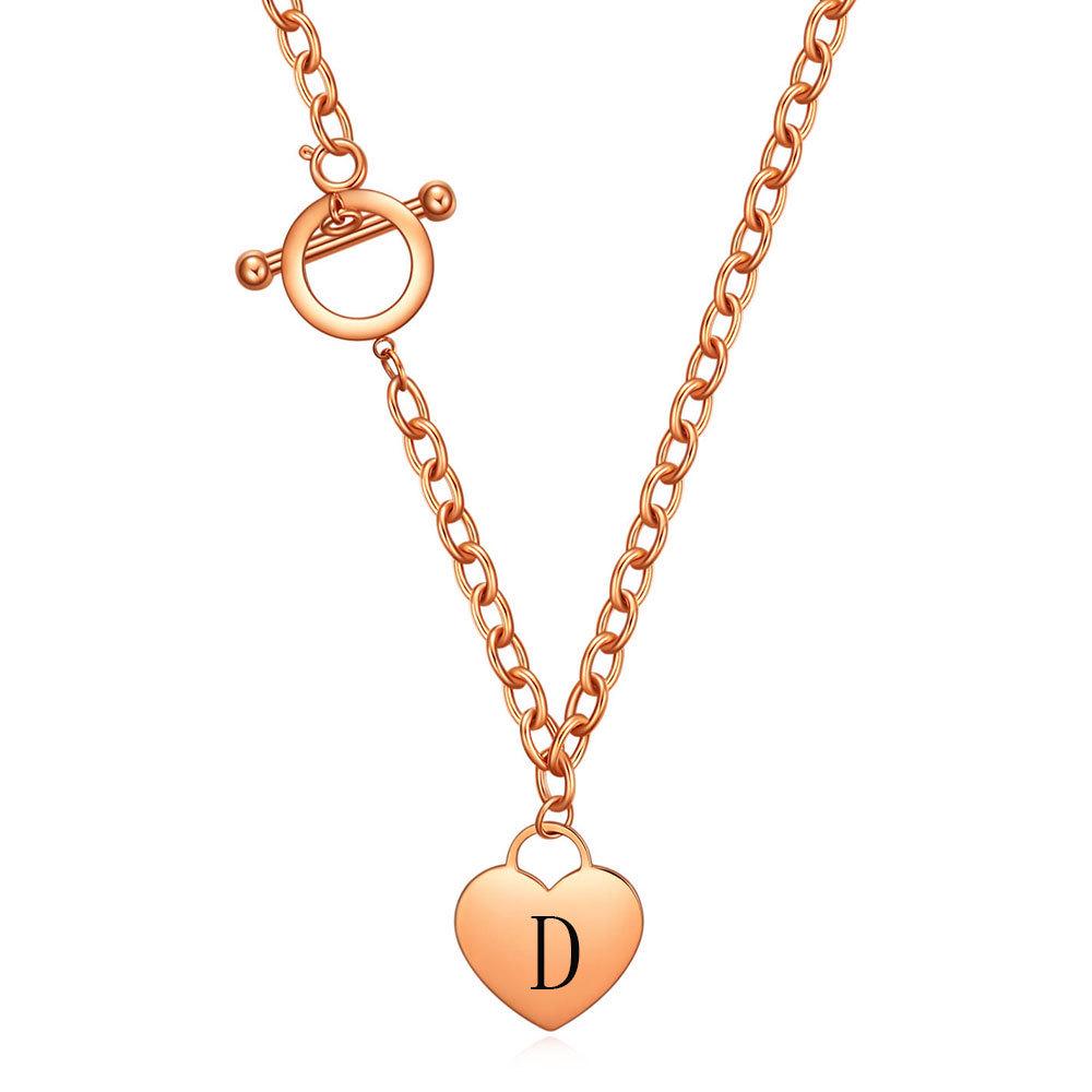 Rose Gold Heart-Shaped 26 Letters Engraved Stainless Steel Necklace with Smooth Surface and OT Chain for Women