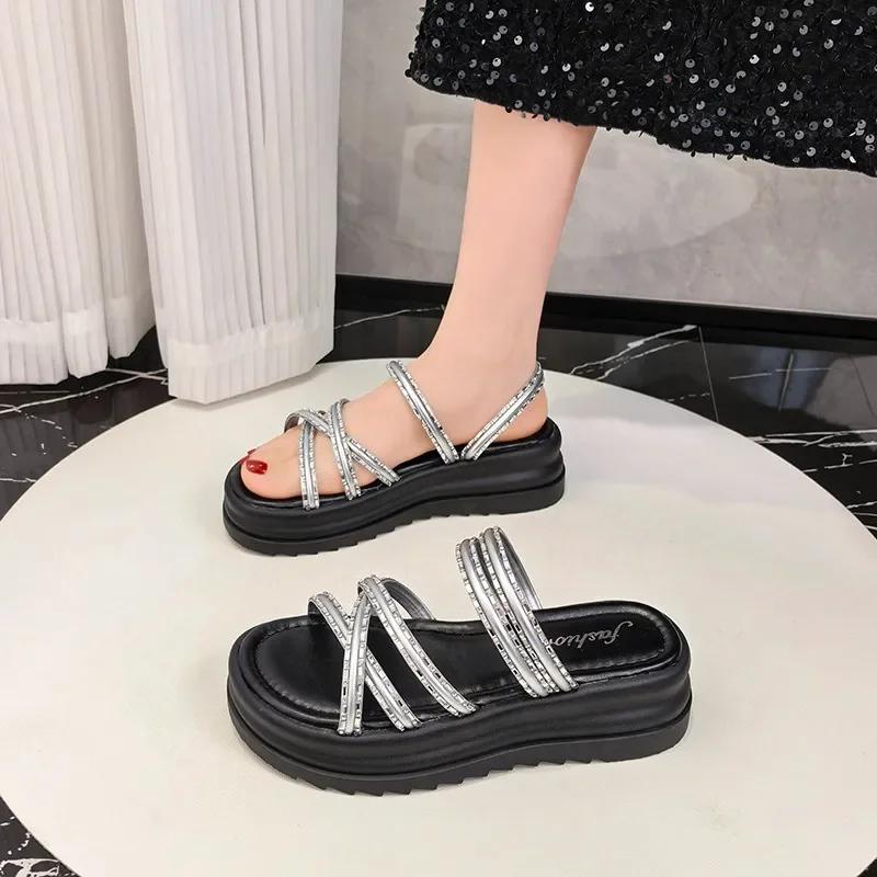 Fashion Roman New Fashion Summer Round Open Toe Sexy Thick Bottom Women's Versatile Casual Beach Large Size Flat Sandals Slippers