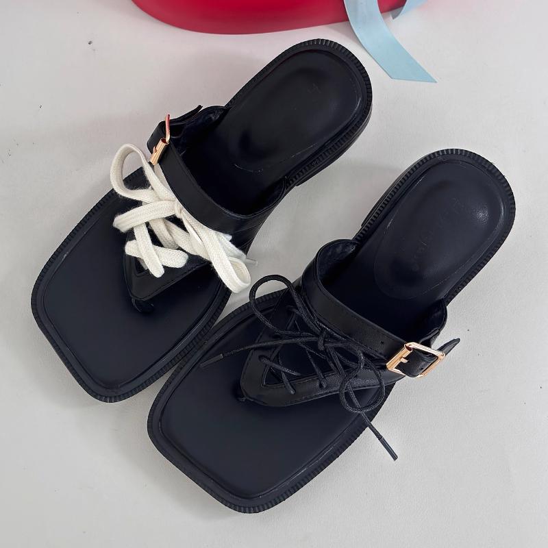 

Fashion Black Lace Up Buckle Design Brand High Heel Slipper Women Summer Sexy Clip Toe Beach Flip Flops Comfort Square Toe Slide Sandals 40 чёрный