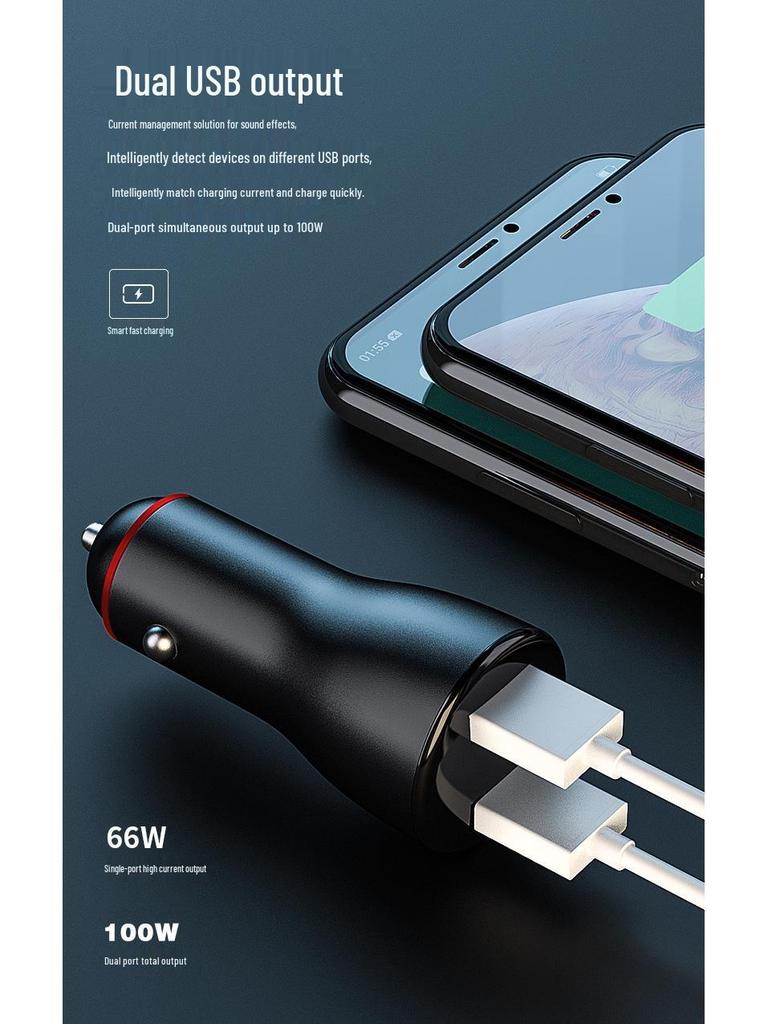 Dual USB Car Charger for Huawei - 66W Fast Charge, 100W Digital Display, Cigarette Lighter Adapter