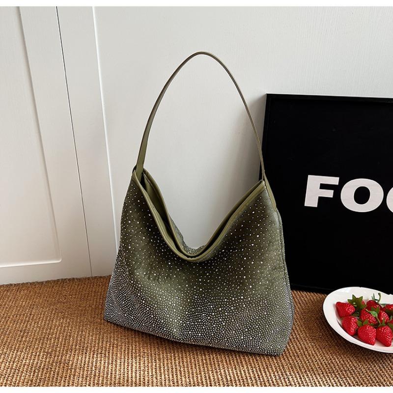 

Commuter large-capacity casual bag women s new simple bright diamond tote bag fashionable niche shoulder bag зелёный