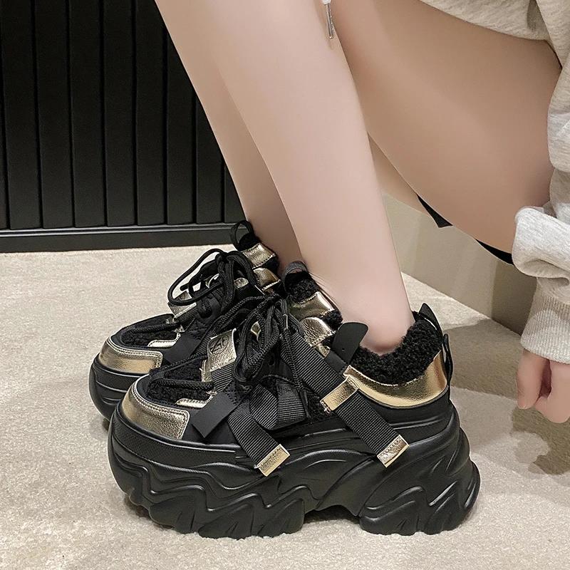 Fashion 8CM Winter Women's Chunky Fur Sneakers Warm High Platform Sports Shoes Woman Thick Sole Leather Casual Shoes Zapatillas Mujer