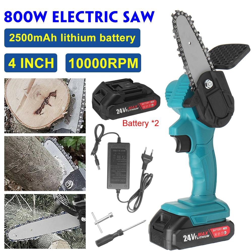 800W 24V Rechargeable Cordless Electric Chainsaw Woodworking Cutting w/Battery 4 Inch