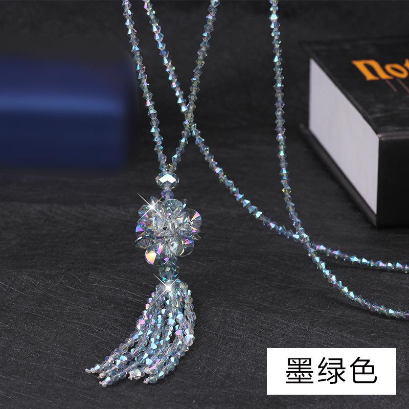 

Beautifully Long Crafted Ethnic Crystal Necklace For Women With Stunning Tassel Detail Dark Green