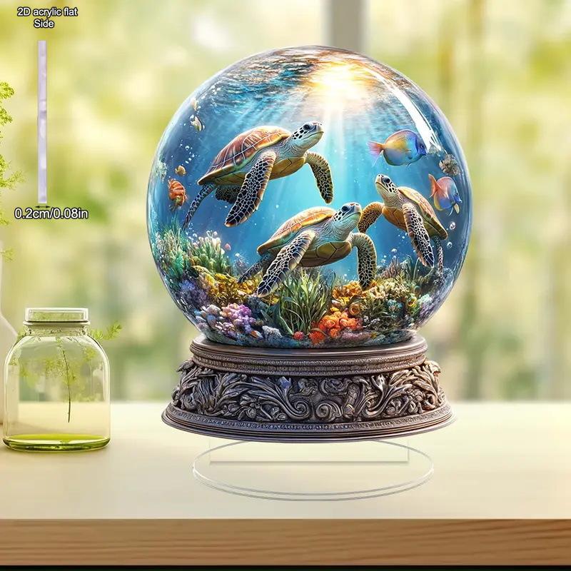 Decorazione Desktop Piatta 2D, Tartaruga Palla di Neve in Acrilico, con Base, Adatta per Decorazione Murale, Portico, Stanza, Villa, Accenti Casa, Corridoio o Luogo di Lavoro