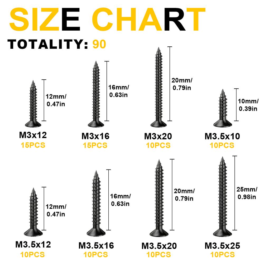 90 piece flat head cross wood screw assembly fastener kit, cross groove table top, M3-M3.5 self tapping screw combination set