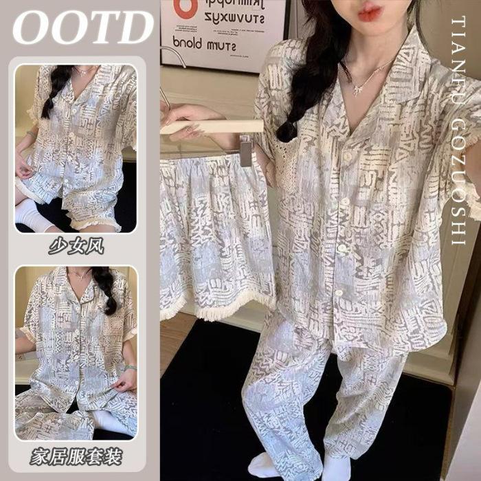 

High-quality cloud cotton pajamas with chest pads women s new short-sleeved trousers retro casual striped loungewear three-piece set M
