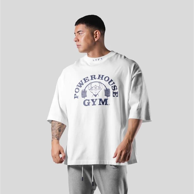 2026 Summer Mens Gym Tshirt Barbell Muscle Graphic Oversized Heavy Cotton Streetwear For Bodybuilding Powerlifting