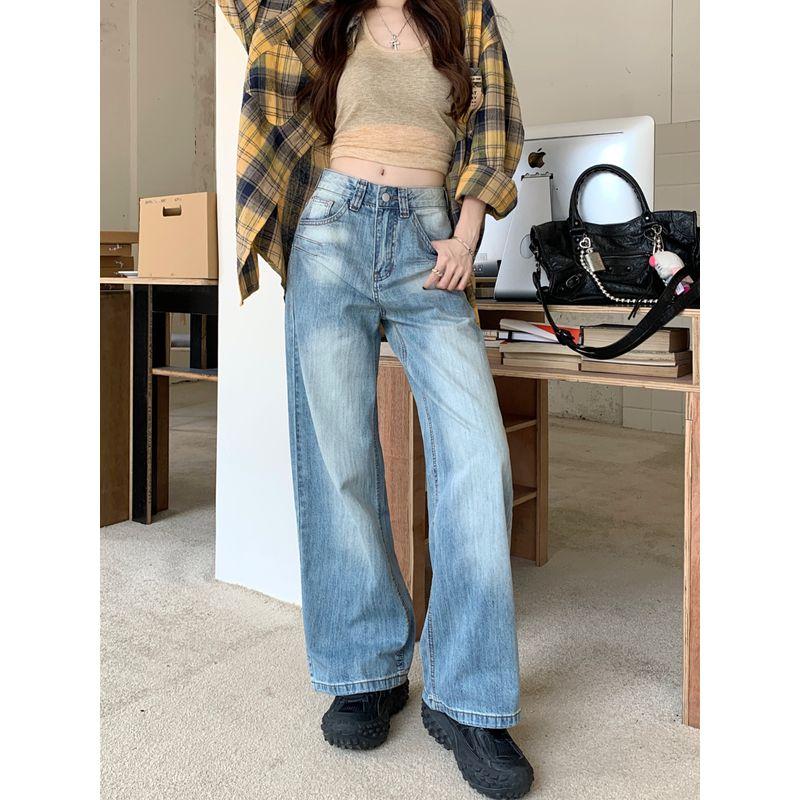 

Fashionable Small American Retro Washed High Waist Loose Denim Female Niche Style Embroidered Drooping Wide-Leg Pants Summer Washed Blue pants 156-165 XL