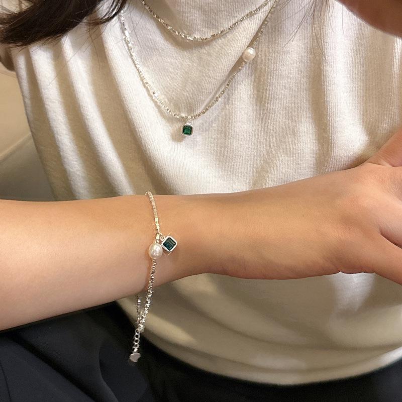 S925 Sterling Silver Korean Fashion Green Zircon Necklace & Handmade Bracelet Set - Trendy Clavicle Chain.
