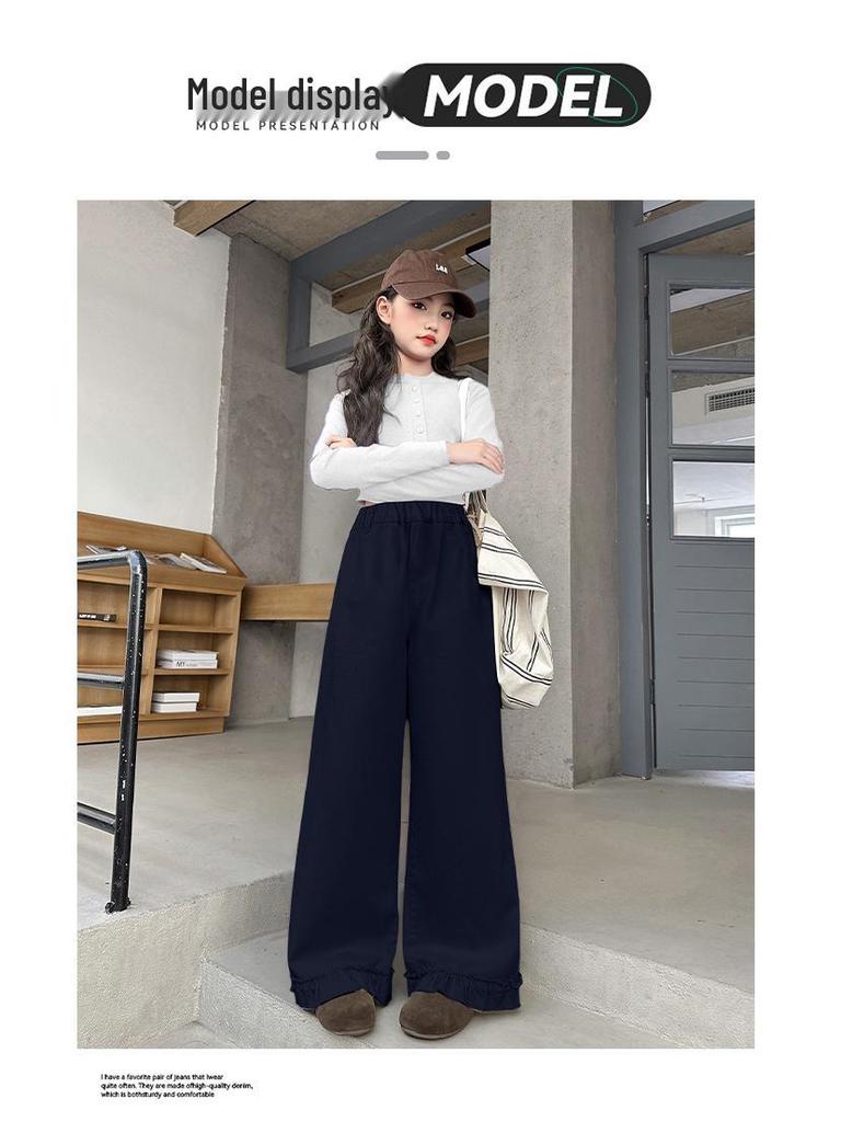 Girls' Fashionable Lace Wide-Leg Pants for Spring and Fall - Casual Straight-Leg Style for Middle and Big Girls