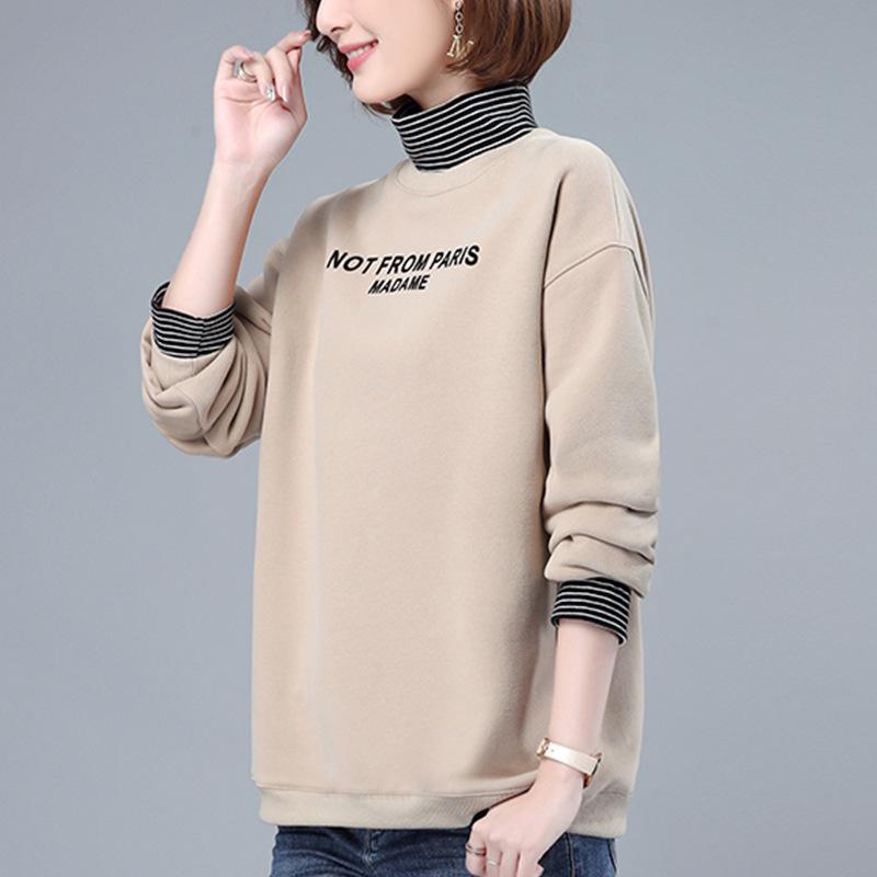 

Женский осенне-зимний свитшот большого размера с флисовой подкладкой, высоким воротом и пэчворком L (Recommended 115-130 jin) бежевый