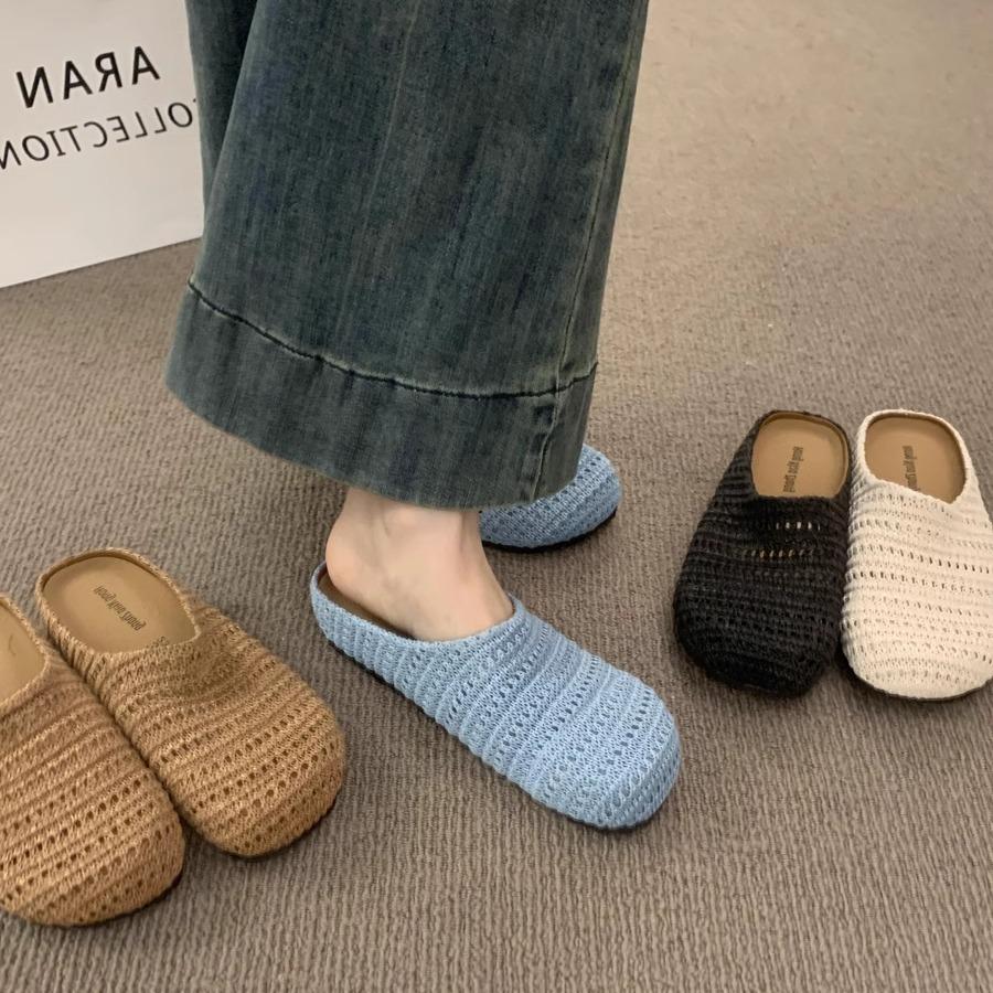 French Niche Hand-woven Hollow Breathable Bag Head Half Slippers Women's Summer Wear Roman Style Thick-soled Muller Shoes