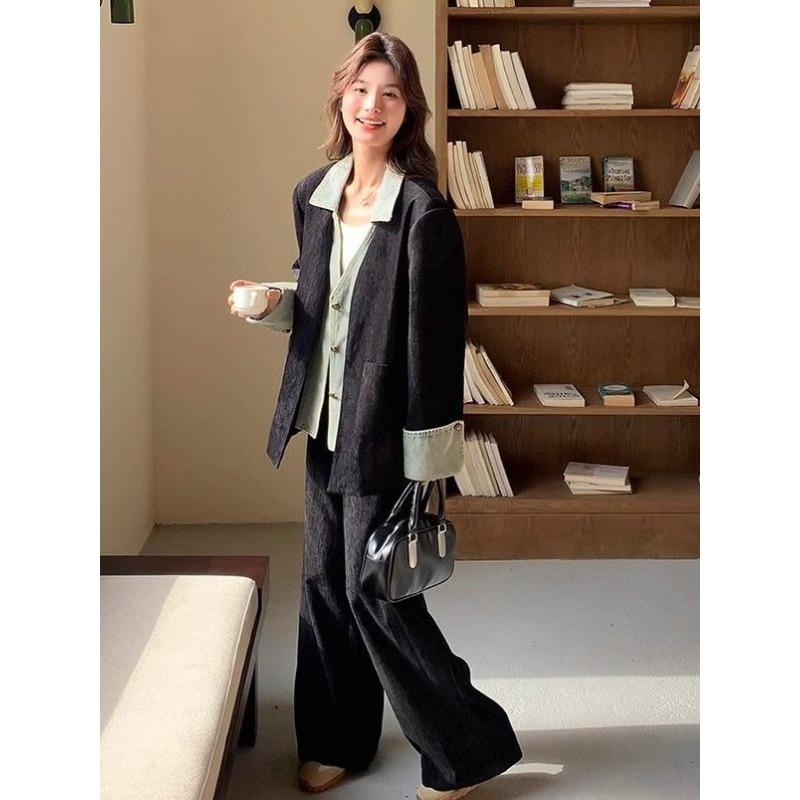 Korean Fashion Denim Blazer Wide Leg Pants Two Piece Set Women Spring Autumn Office Suit
