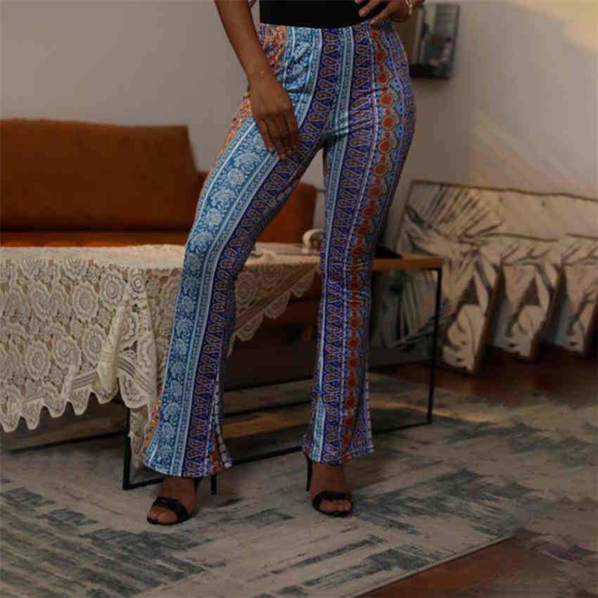 Boho Summer Women's Stretch Bell Bottom Trousers Slim Printed Flared Pants High Waist Long Pants
