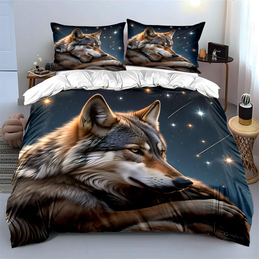 Wolf with starry background Print Bedding Set 1 Duvet Cover 2 Pillowcases for Adult and Children Luxury Gift Full Size
