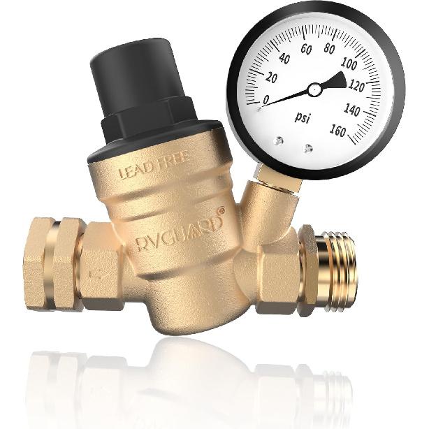 RVGUARD Клапан регулятора давления воды для RV, латунный бессвинцовый регулируемый редуктор давления воды с манометром и сетчатым фильтром на входе для автодома, кемпера, путешествий