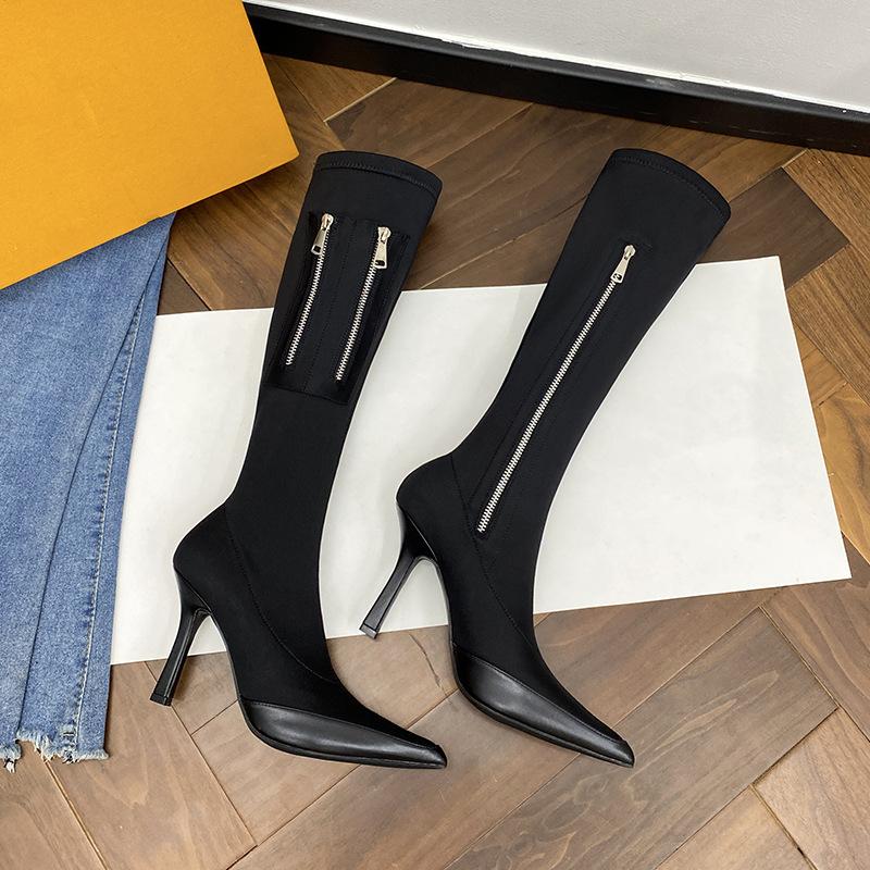 But Knee Boots Women's Autumn and Winter New Zipper Pointed Thin Elastic Boots Silk High Heel Boots