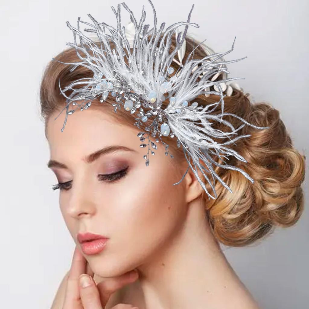 White Feather Tiaras Crystal Hair Clip for Bridal Stylish Wedding Headpiece Accessories Engagement Party Hair Accessory