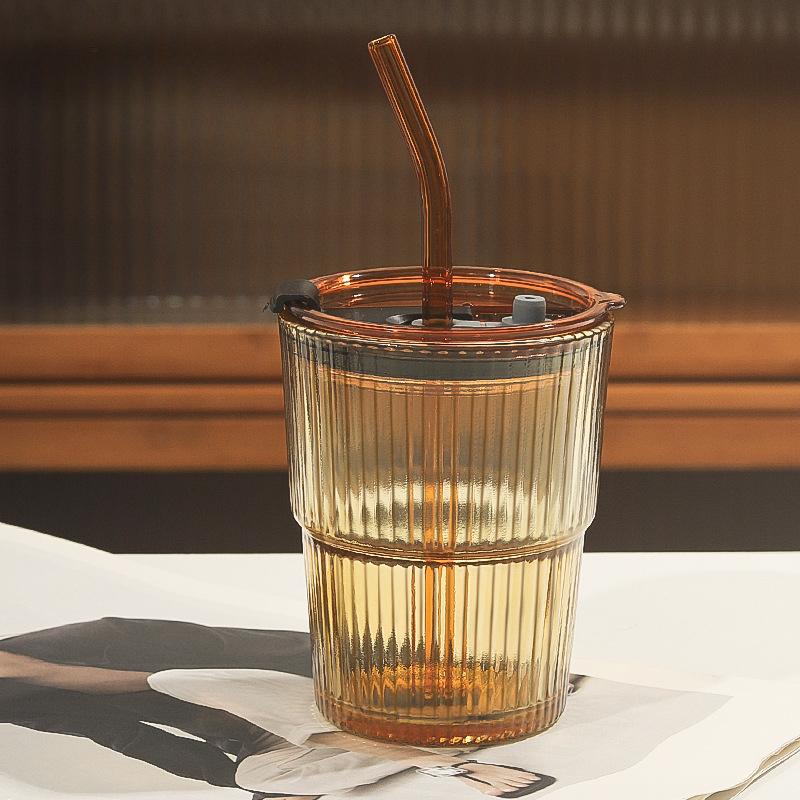 400ml Iced Coffee Mugs Glass Mug Coffee Cup With Lid and Straw Stripe Cups Drinking Glasses for Juice Milk Tea Cups Drinkware