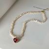 Collana Pendente da Donna Romantico Cuore Rosso d'Amore Cristallo Lucido Perla d'Acqua Dolce Naturale Irregolare Placcata Oro 14K Regali