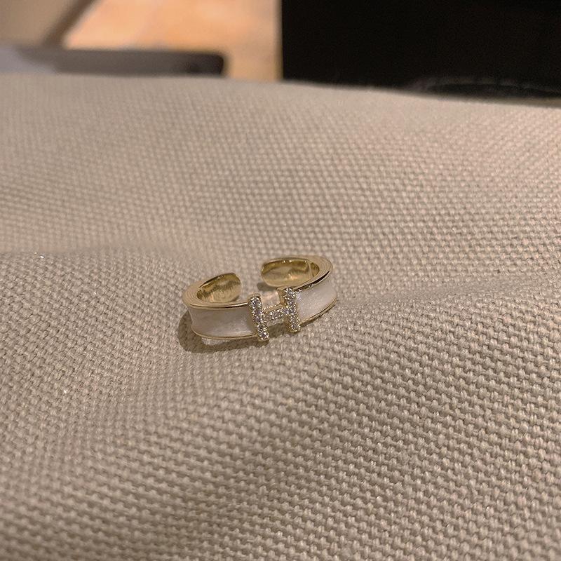Anello H, Olio Bianco Gocciolante, Zircone, Apertura di Alta Gamma, Anello Francese di Nicchia, Anello per Dito Indice, Tendenza Femminile.