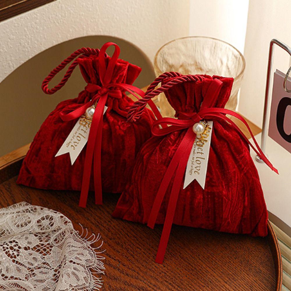 Fashion Ribbon Bow Velvet Candy Box with Tassel Flower Drawstring Bag Handbag Dust Protect Gift Bag Wedding Party