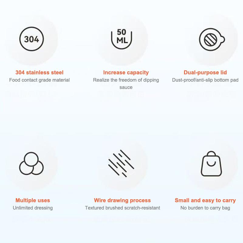 Recipiente para Molho e Tempero em Aço Inoxidável 304 50ml Copo para Molho Tampa de Silicone à Prova de Vazamento Prato para Molhar Salada Pequena Caixa de Armazenamento