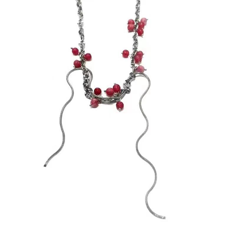 Sweet gradual change pink cherry string necklace female niche design fringed clavicle chain titanium steel neck chain summer