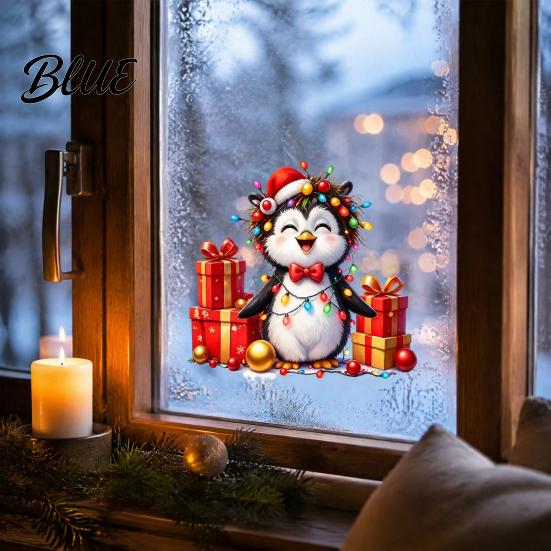 DIY Christmas Window Ornaments Spotted Puppy/Penguin Static Sticker Cute Watercolor Animal Glass Stickers with Colorful Lights & Gift Boxes Puppy or