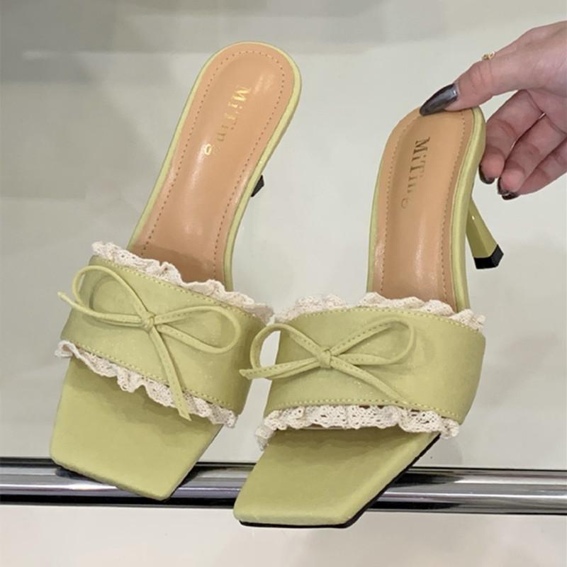 

Fashion Elegant Lace Bow Decorated Brand Slipper Women Fashion Square Toe Thin Heel Slide Sandal Sweet Party Dress Shoe Zapatos De Mujer 35 зелёный