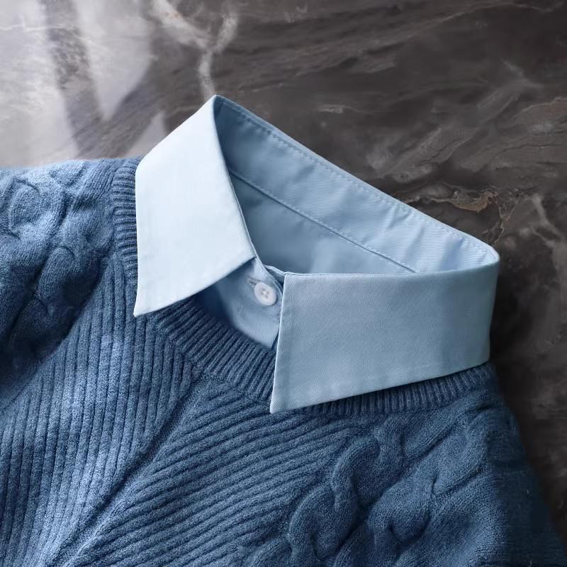 Light Blue Cotton Faux Collar Girls' Versatile Shirt Sweater - Decorative Collar for Casual Workwear