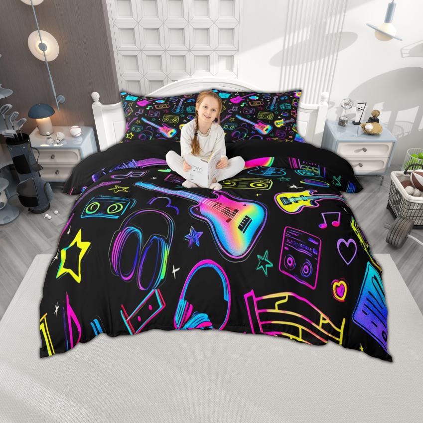 Homewish Music Theme Duvet Cover Set 2pcs/3pcs, Musical Guitar Bedding, Cartoon Instruments Print Bed Set
