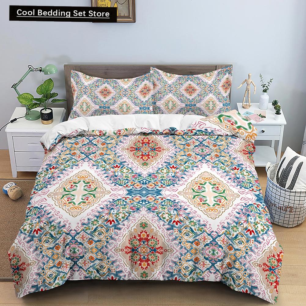 Geometric Mandala King Queen Duvet Cover Boho Ethnic Style Bedding Set for Teens Adults Mediterranean Soft Polyester Quilt Cover