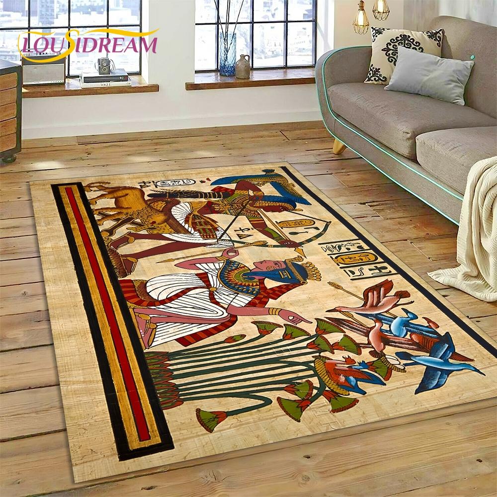 Tapis HD Hiéroglyphes Pharaoniques Mythologie Égyptienne 3D pour Salon Chambre Décoration de Maison, Décoration Antidérapante pour Canapé Paillasson