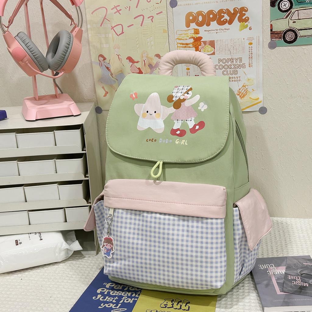 Schoolbag Japanese Cartoon Cute Little Girl Backpack Female Niche Design Retro Versatile Plaid Large Capacity Student Schoolbag