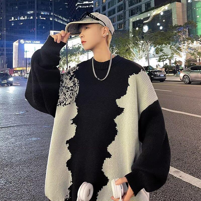 Men's Oversized Crew Neck Knit Sweater Black White Irregular Pattern Loose Fit Casual Streetwear Pullover